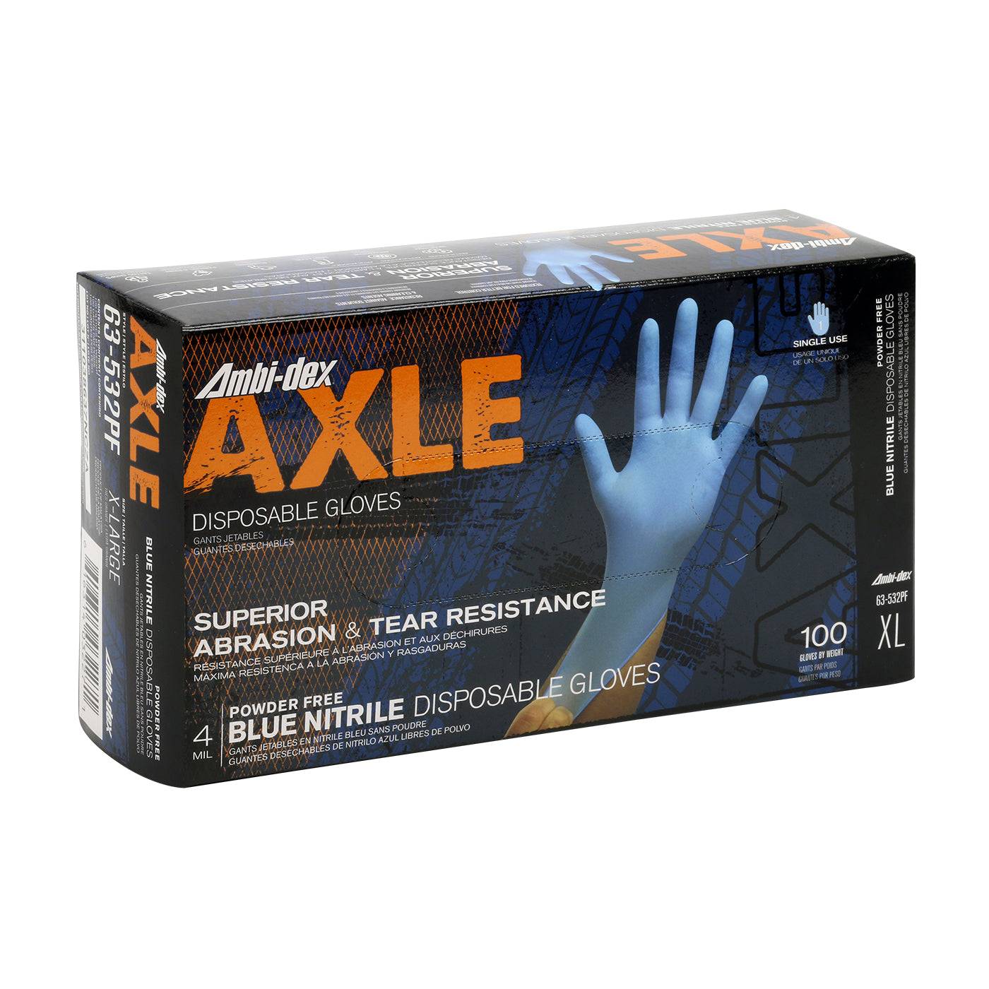 Gloves, Blue Nitrile, 4 mil Industrial Grade, 100 per Box S-XL