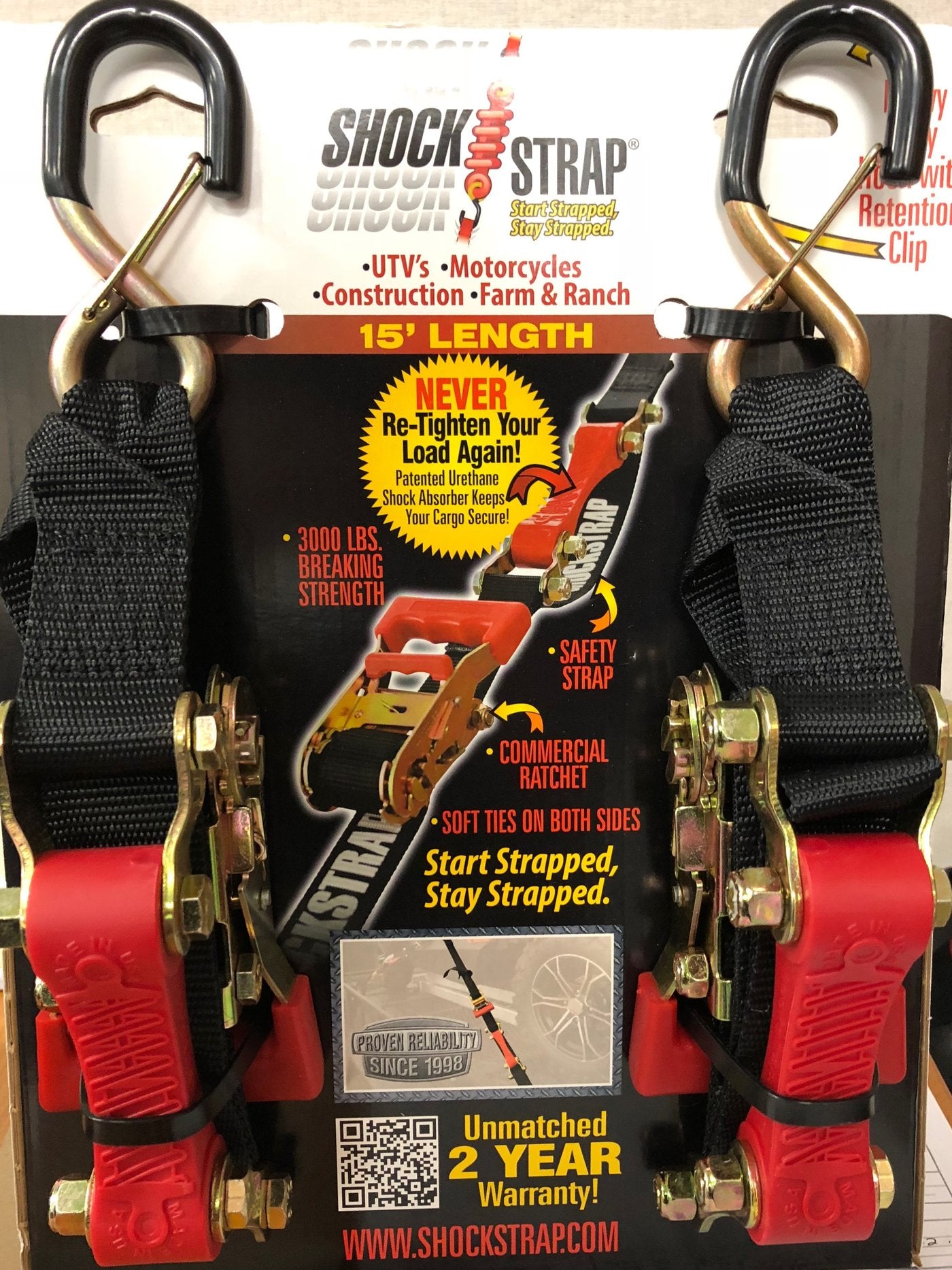 ShockStrap Ratchet Strap Tie-Down, 9'- 6,000lb Break Strength (2 Pack)